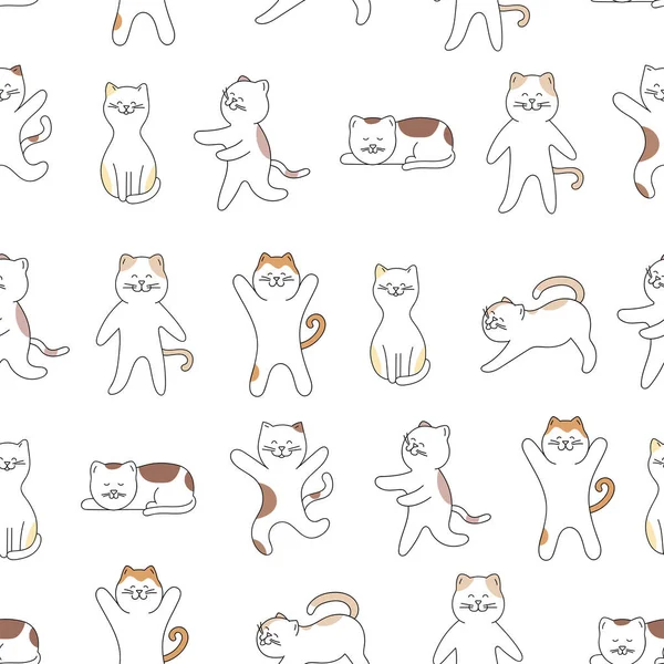 手描きの猫漫画シームレスな背景 かわいい猫はポーズが違う ベクターイラスト — ストックベクタ