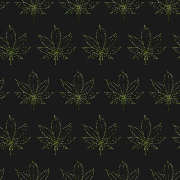 緑の大麻のベクトルアウトラインシームレスなパターンは黒の背景に残します 手描きのマリファナの葉 — ストックベクタ