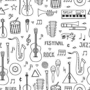 Müzikal arka plan. Elle çizilmiş kusursuz desen beyaz arkaplanda müzik aletleri. 