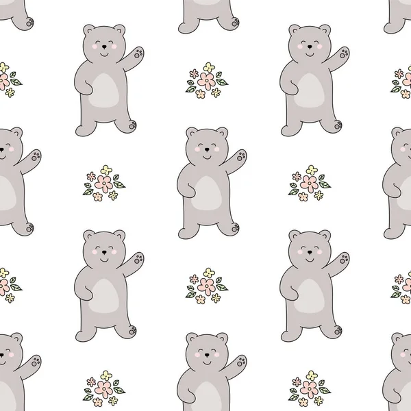 Χέρι Που Χωρίς Ραφή Μοτίβο Ευτυχισμένη Αρκούδα Λουλούδια Λευκό Εικονογράφηση — Διανυσματικό Αρχείο