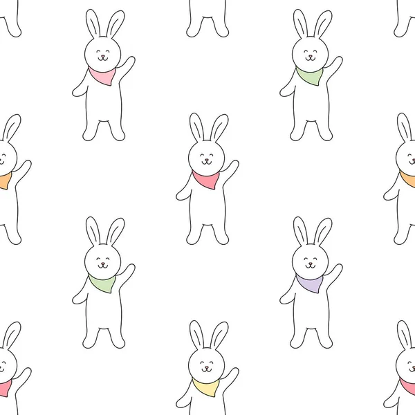 无缝隙图案 快乐兔子 脖子上戴着围巾 在白色上画了可爱的白兔 矢量说明 — 图库矢量图片