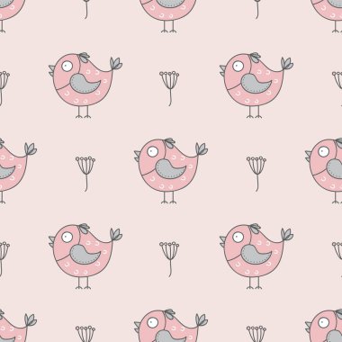 Şirin kuşlarla kusursuz bir desen. Elle çizilmiş komik kuşlar. Bebek kusursuz vektör arka planı. Vektör illüstrasyonu.