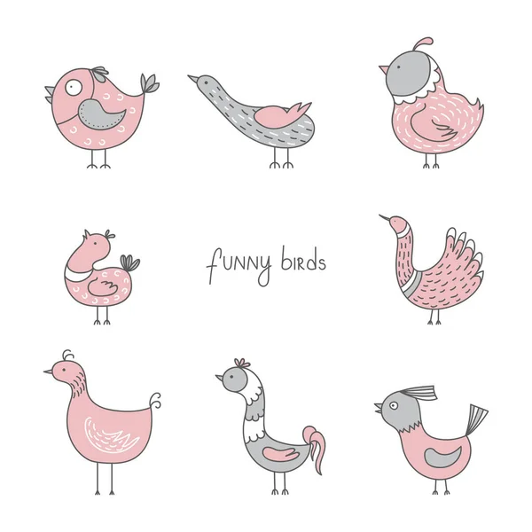 Disegnato Divertente Collezione Uccelli Illustrazione Vettoriale — Vettoriale Stock