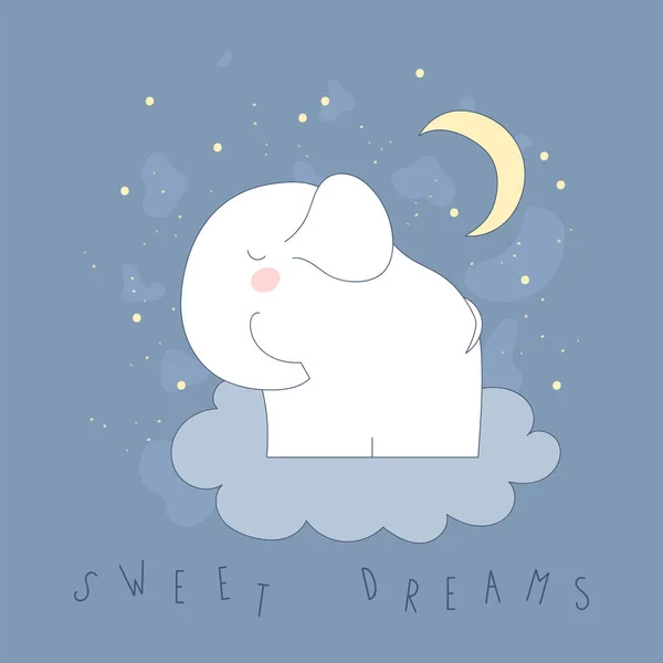 Dulces Sueños Elefante Lindo Encuentra Una Nube Elefante Blanco Dibujado — Vector de stock