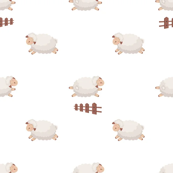 没有缝隙的图案 可爱的羊跳过栅栏 白人小孩的滑稽背景 — 图库矢量图片