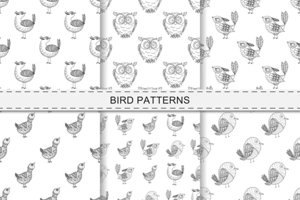 Collection Cute Seamless Patterns Birds Hand Drawn Black White Seamless — Stock Vector