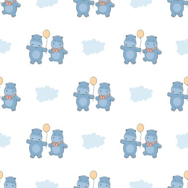 Küçük su aygırlarıyla kusursuz bir arkaplan çiz. Çocuklar için vektör çizgi film deseni.