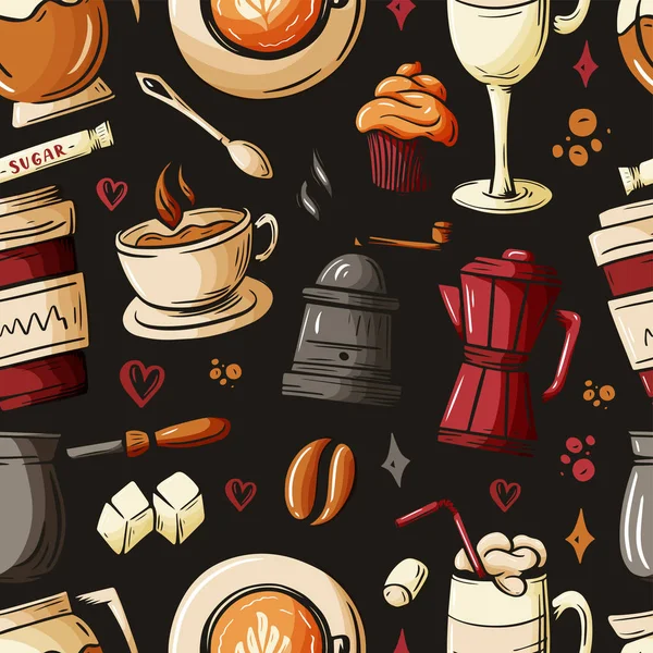 Cartoon hand-drawn doodles on the subject of cafe, coffee shop theme seamless pattern. Colorful detailed, with lots of objects background. Sketch elements for you design.