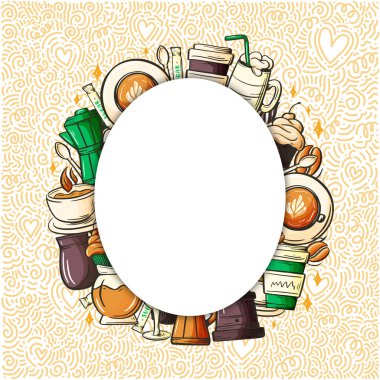 Çizgi film renkli vektör eli kahve şirketinin kimliğini karalıyor. Pankart tasarımı. Kafe ve restoranın şablonları. Vektör