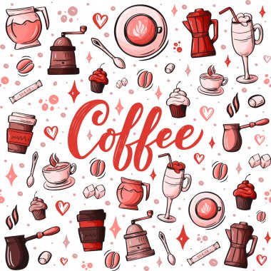 Kafe konusuna el çizimi karalamalar, kahve dükkanı temalı kusursuz desenler. Renkli detaylar, bir sürü nesne vektör arkaplanı var. Tasarımınız için çizim ögeleri.
