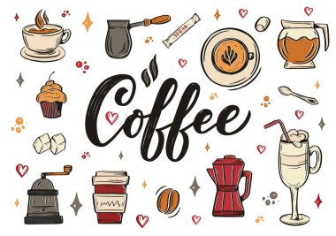 Kahve dükkanı ya da kafe için çizim stili el yazmaları. El yapımı klasik çizgi film tasarımı, arka planda izole edilmiş. Vektör
