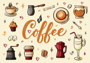 Kahve dükkanı ya da kafe için çizim stili el yazmaları. El yapımı klasik çizgi film tasarımı, arka planda izole edilmiş. Vektör