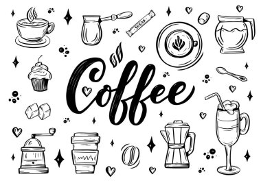 Kahve dükkanı ya da kafe için çizilmiş kahvenin el yazısı. El yapımı klasik tipografi ifadesi, beyaz arka planda izole edilmiş. Vektör