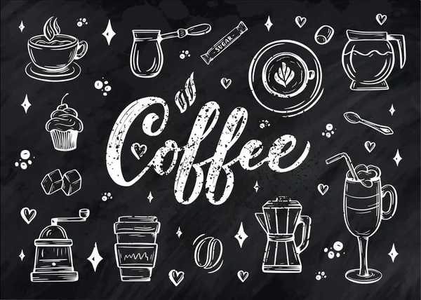 Hand Belettering Ellements Schets Stijl Voor Coffeeshop Cafe Handgetekend Vintage — Stockvector