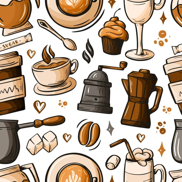 Kafe konusuna el çizimi karalamalar, kahve dükkanı temalı kusursuz desenler. Renkli detaylar, bir sürü nesne vektör arkaplanı var. Tasarımınız için çizim ögeleri.