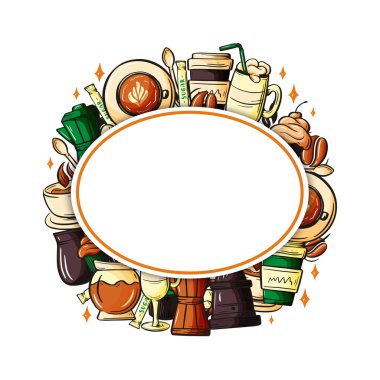 Çizgi film renkli el yazısı kahve şirketinin kimliğini karalıyor. Pankart tasarımı. Kafe ve dinlenme yerleri için şablonlar.