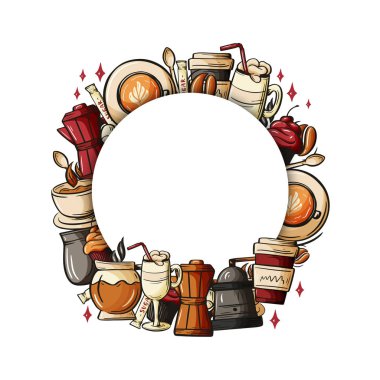 Çizgi film renkli el yazısı kahve şirketinin kimliğini karalıyor. Pankart tasarımı. Kafe ve dinlenme yerleri için şablonlar.