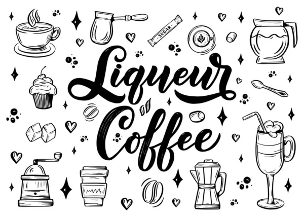 Hand lettering name of coffee with sketch for coffee shop or cafe. Hand drawn vintage typography phrase, isolated on white background.