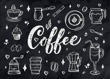 Kahve dükkanı ya da kafe için çizim stili el yazmaları. El yapımı klasik çizgi film tasarımı, arka planda izole edilmiş..