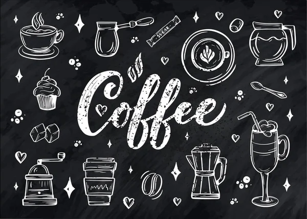Hand lettering ellements in sketch style for coffee shop or cafe. Hand drawn vintage cartoon design, isolated on background.