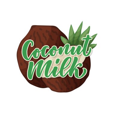 Afiş, logo ve ambalaj tasarımı için hindistan cevizi sütü harfleri. Organik beslenme sağlıklı yiyecekler. Süt ürünleri hakkında bir deyim. Vektör illüstrasyonu