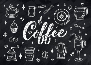 Kahve dükkanı ya da kafe için çizim stili el yazmaları. El yapımı klasik çizgi film tasarımı, arka planda izole edilmiş. Vektör