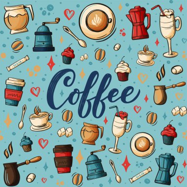 Kafe konusuna el çizimi karalamalar, kahve dükkanı temalı kusursuz desenler. Renkli detaylar, bir sürü nesne vektör arkaplanı var. Tasarımınız için çizim ögeleri.