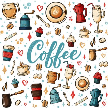 Kafe konusuna el çizimi karalamalar, kahve dükkanı temalı kusursuz desenler. Renkli detaylar, bir sürü nesne vektör arkaplanı var. Tasarımınız için çizim ögeleri.