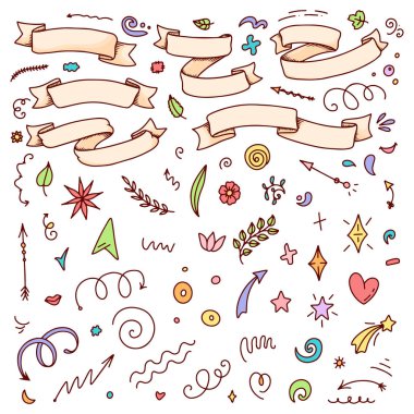 Konsept tasarım için soyut oklar, kurdeleler ve diğer elementler elde çizilmiş. Karalama çizimi. Dekorasyon için vektör şablonu