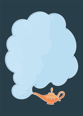 Altın lamba ve duman bulutu mavi arka planda klasik tarzda. Soyut elementler. Tatil dekorasyonu konsepti. Parlak ışık efekti. Vektör illüstrasyonu.