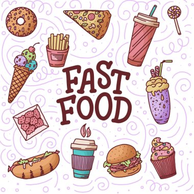 Kusursuz desen. Fast food karalama elemanları ve konsept tasarım ve menü için arkaplanda harfler olan klasik çizimler. Herhangi bir amaç için vektör illüstrasyonu.