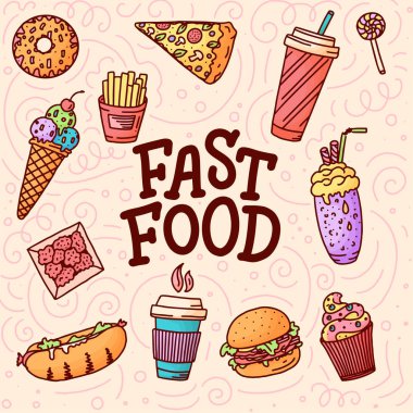 Kusursuz desen. Fast food karalama elemanları ve konsept tasarım ve menü için arkaplanda harfler olan klasik çizimler. Herhangi bir amaç için vektör illüstrasyonu.