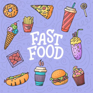 Kusursuz desen. Fast food karalama elemanları ve konsept tasarım ve menü için arkaplanda harfler olan klasik çizimler. Herhangi bir amaç için vektör illüstrasyonu.