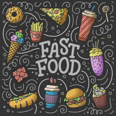Fast food karalama elemanları ve konsept tasarım ve menü için arkaplanda harfler olan klasik çizimler. Herhangi bir amaç için vektör illüstrasyonu.