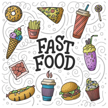 Fast food karalama elementleri ve konsept tasarım ve menü için beyaz arka planda harfleri olan klasik çizimler. Herhangi bir amaç için vektör illüstrasyonu.