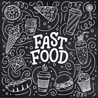 Fast food karalama elemanları ve konsept tasarım ve menü için arkaplanda harfler olan klasik çizimler. Herhangi bir amaç için vektör illüstrasyonu.