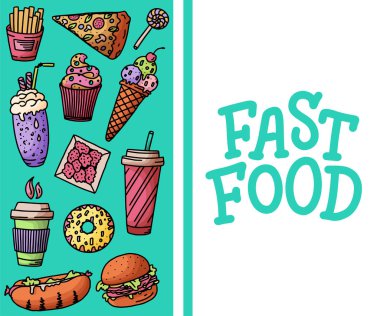 Fast food karalama elementleri ve konsept tasarım ve menü için beyaz arka planda harfleri olan klasik çizimler. Herhangi bir amaç için vektör illüstrasyonu.