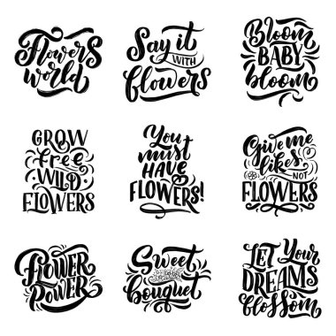 Çiçeklerle ilgili alıntılar, vektörlerle yapılan illüstrasyon. El çizimi kompozisyonlu kartpostal, davetiye, dükkan ve tişört tasarımı.