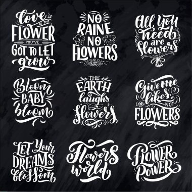 Çiçeklerle ilgili alıntılar, vektörlerle yapılan illüstrasyon. El çizimi kompozisyonlu kartpostal, davetiye, dükkan ve tişört tasarımı.