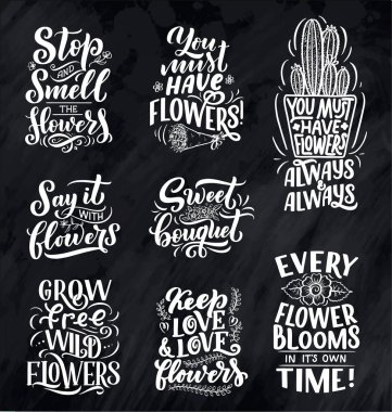 Çiçeklerle ilgili alıntılar, vektörlerle yapılan illüstrasyon. El çizimi kompozisyonlu kartpostal, davetiye, dükkan ve tişört tasarımı.