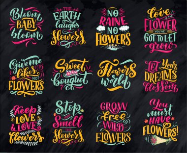 Çiçeklerle ilgili alıntılar, vektörlerle yapılan illüstrasyon. El çizimi kompozisyonlu kartpostal, davetiye, dükkan ve tişört tasarımı.