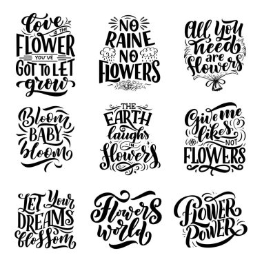 Çiçeklerle ilgili alıntılar, vektörlerle yapılan illüstrasyon. El çizimi kompozisyonlu kartpostal, davetiye, dükkan ve tişört tasarımı.