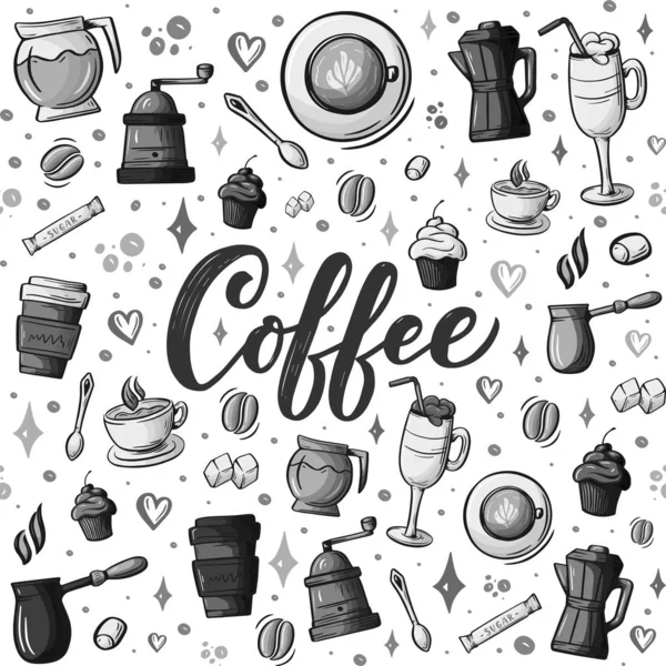 卡通手绘涂鸦关于咖啡馆的主题 咖啡店主题无缝图案 色彩斑斓的细节 有大量的对象向量背景 为您设计的素描元素 — 图库矢量图片