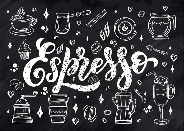 咖啡店或咖啡店的速写咖啡的手写名称 手工绘制的老式排字短语 孤立于白色背景 — 图库矢量图片