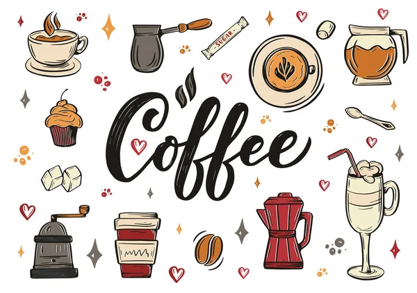 Kahve dükkanı ya da kafe için çizim stili el yazmaları. El yapımı klasik çizgi film tasarımı, arka planda izole edilmiş. Vektör