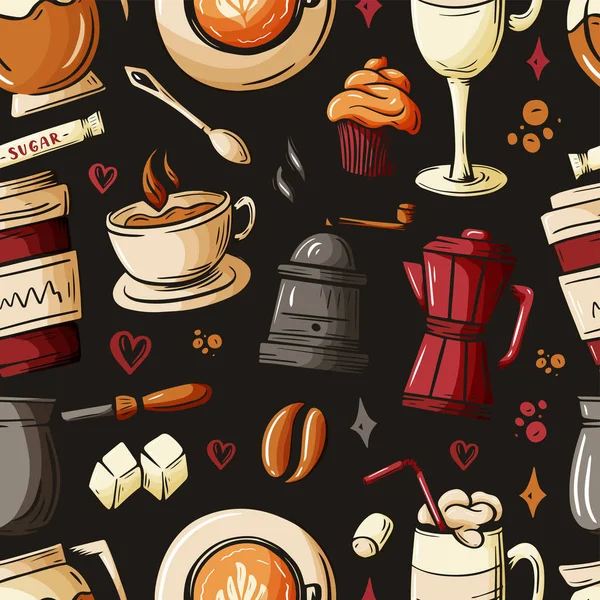 Kafe konusuna el çizimi karalamalar, kahve dükkanı temalı kusursuz desenler. Renkli detaylar, bir sürü nesne vektör arkaplanı var. Tasarımınız için çizim ögeleri.