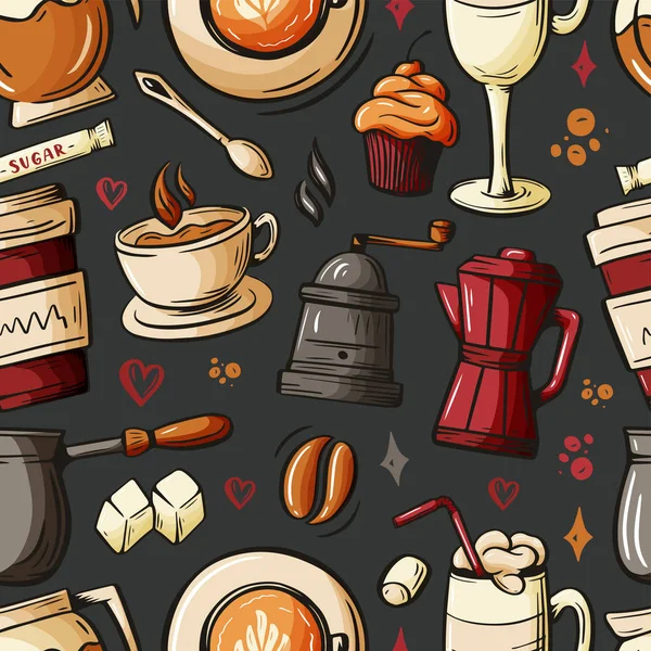 Cartoon hand-drawn doodles on the subject of cafe, coffee shop theme seamless pattern. Colorful detailed, with lots of objects vector background. Sketch elements for you design.