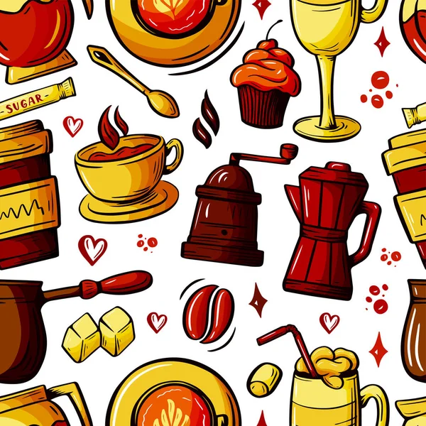Cartoon hand-drawn doodles on the subject of cafe, coffee shop theme seamless pattern. Colorful detailed, with lots of objects vector background. Sketch elements for you design.