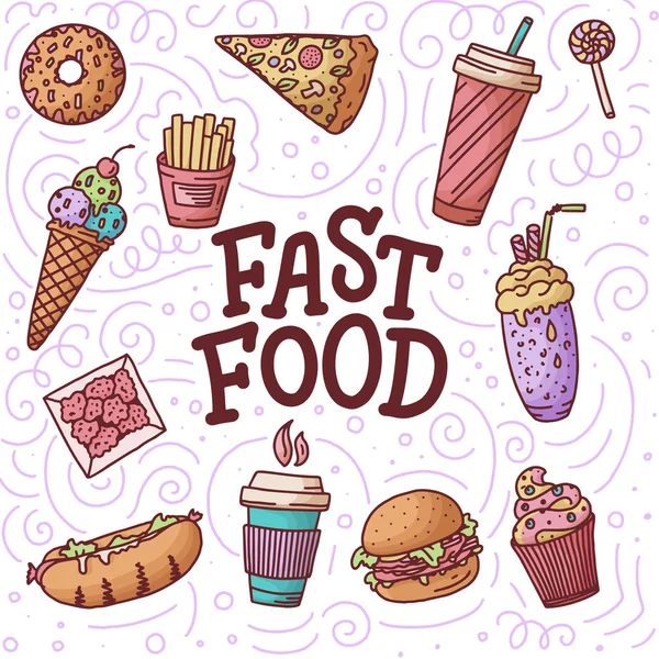 Seamless pattern. Vintage illustration with fast food doodle elements and lettering on background for concept design, menu. Vector illustration for any purposes.