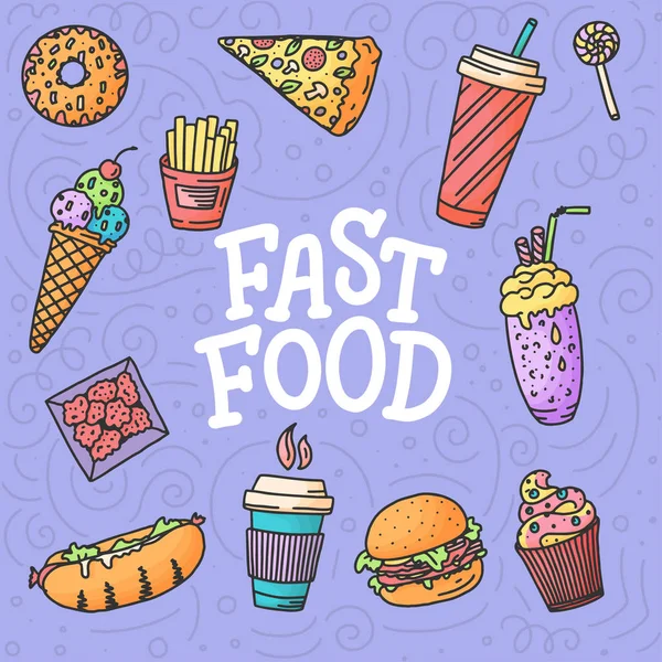 Seamless pattern. Vintage illustration with fast food doodle elements and lettering on background for concept design, menu. Vector illustration for any purposes.